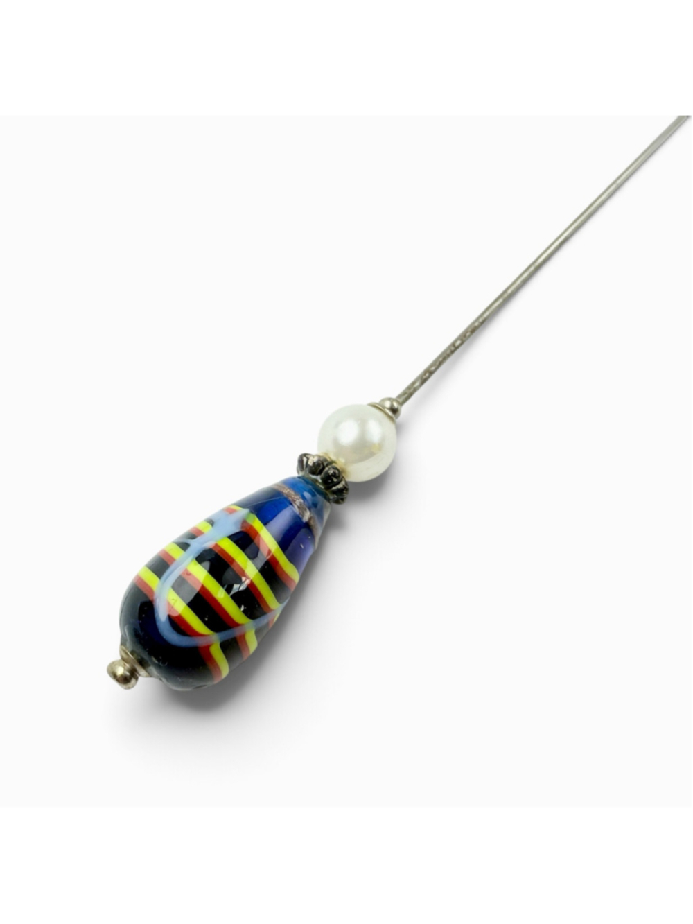 Antique Murano Glass Hat Pin, Cobalt Blue Venetian Art Glass, White Pearl
